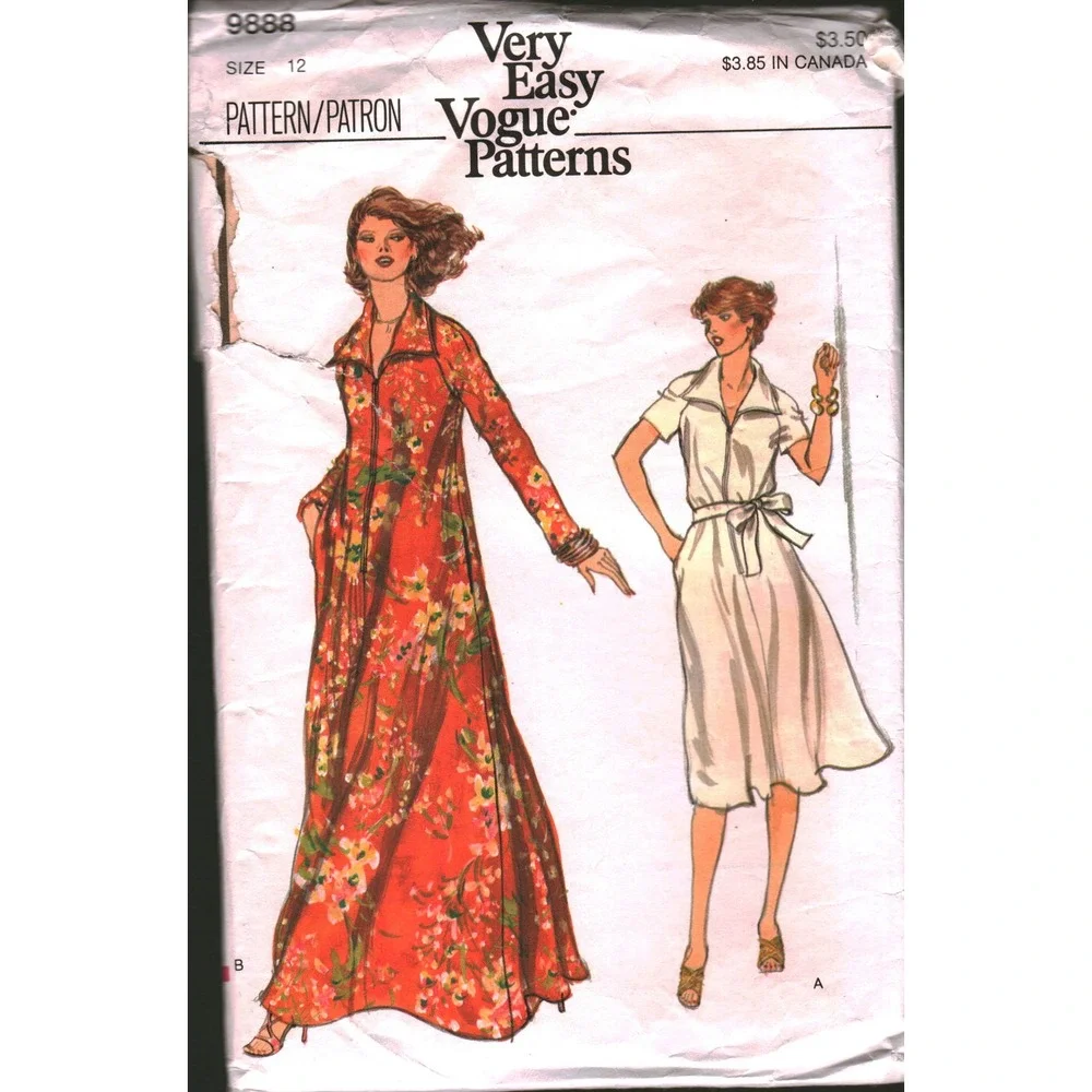 Vintage Very Easy Vogue Patterns 9888 Misses Robe Dress Size 12 Maxi Midi 70s